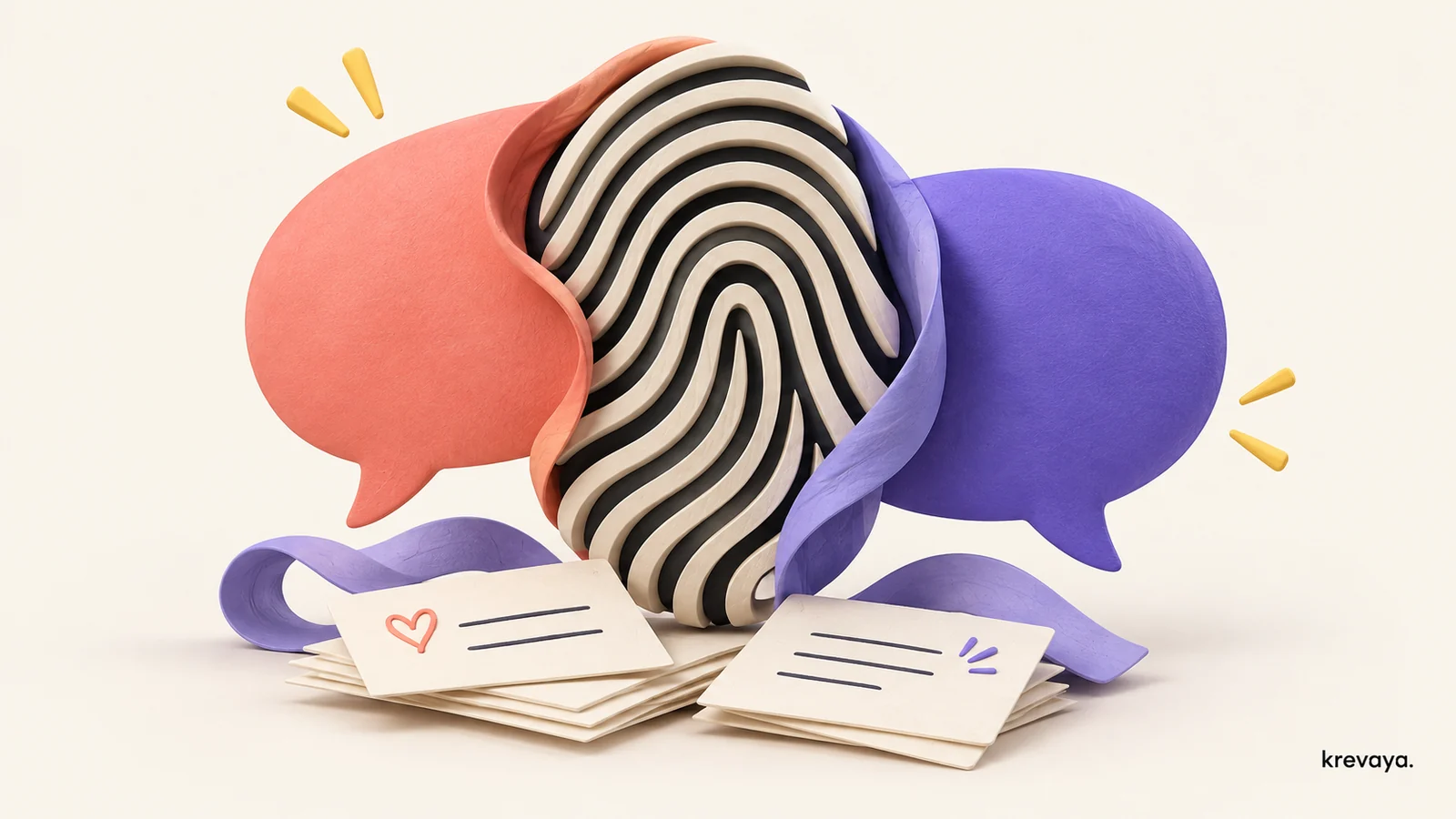 Krevaya illustration of coral and violet speech bubbles around a distinctive sculpted fingerprint.