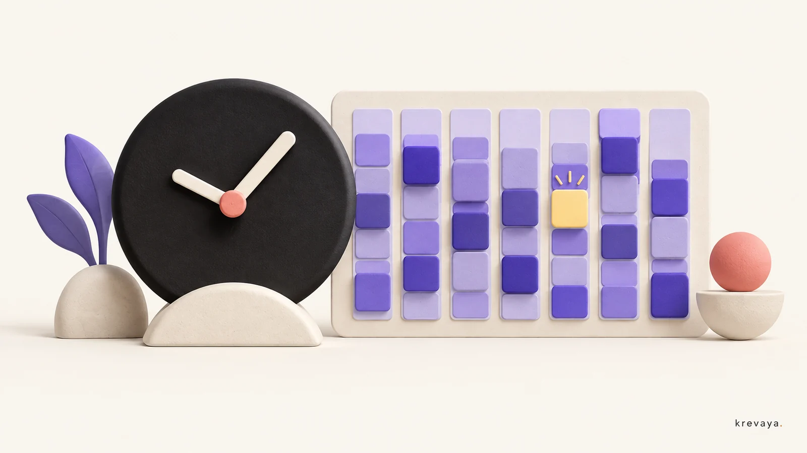 Krevaya illustration of an ink clock beside a violet weekly heatmap with one highlighted experiment slot.