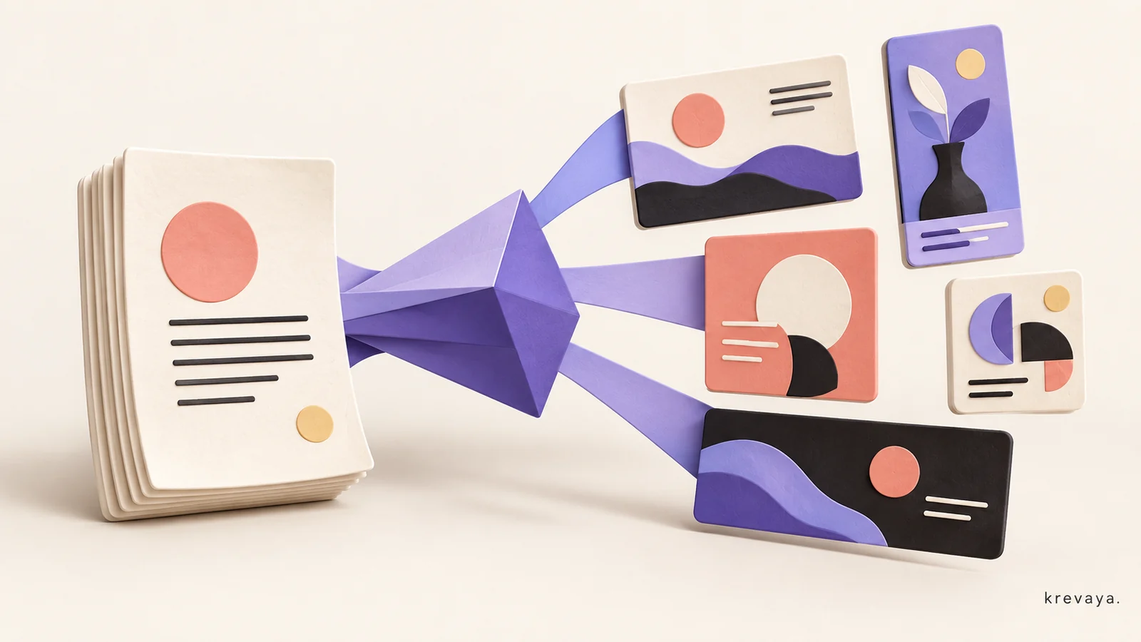 Krevaya illustration of one source document passing through a violet prism into five distinct social content cards.