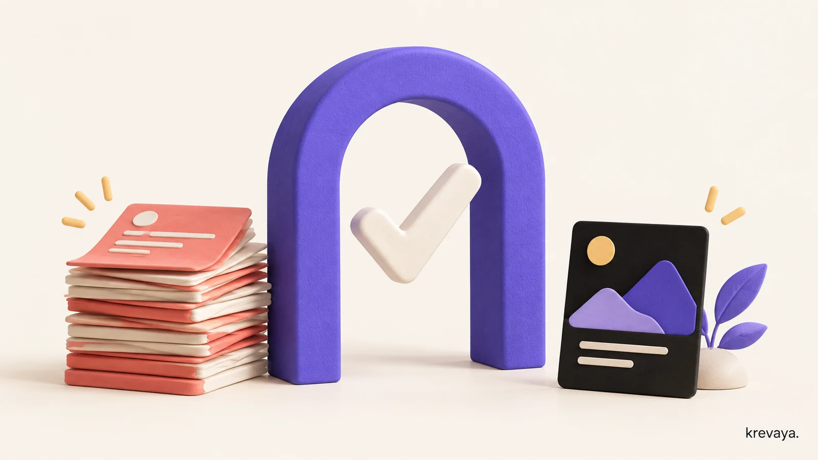 Krevaya illustration of draft cards passing through a violet approval arch before becoming a finished post.