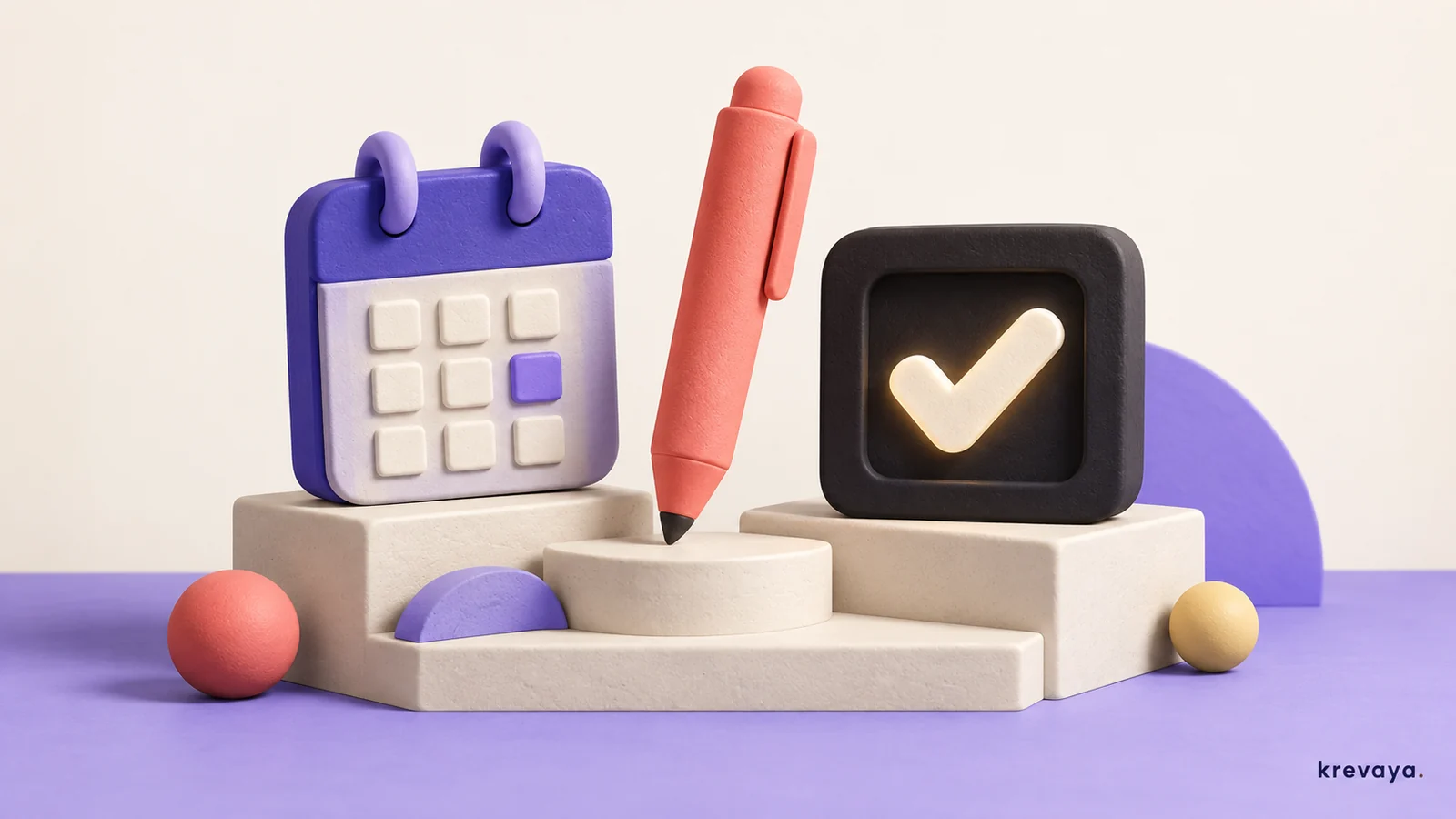 Krevaya illustration of a calendar, writing tool, and approval check arranged as a social media toolkit.