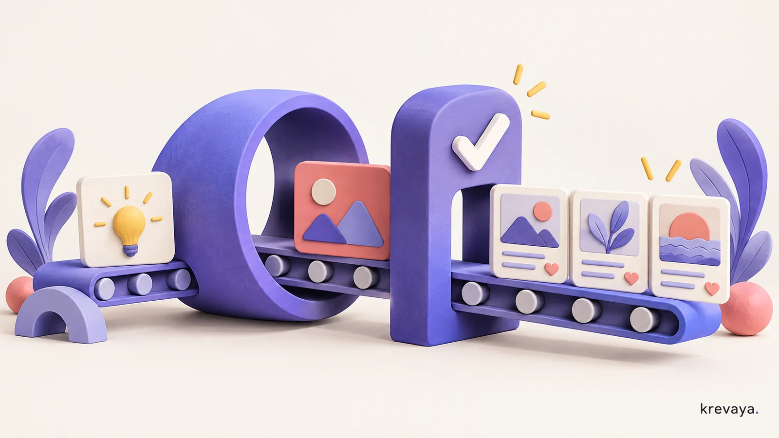 Krevaya illustration of an idea moving through content creation and an approval gate into finished social posts.