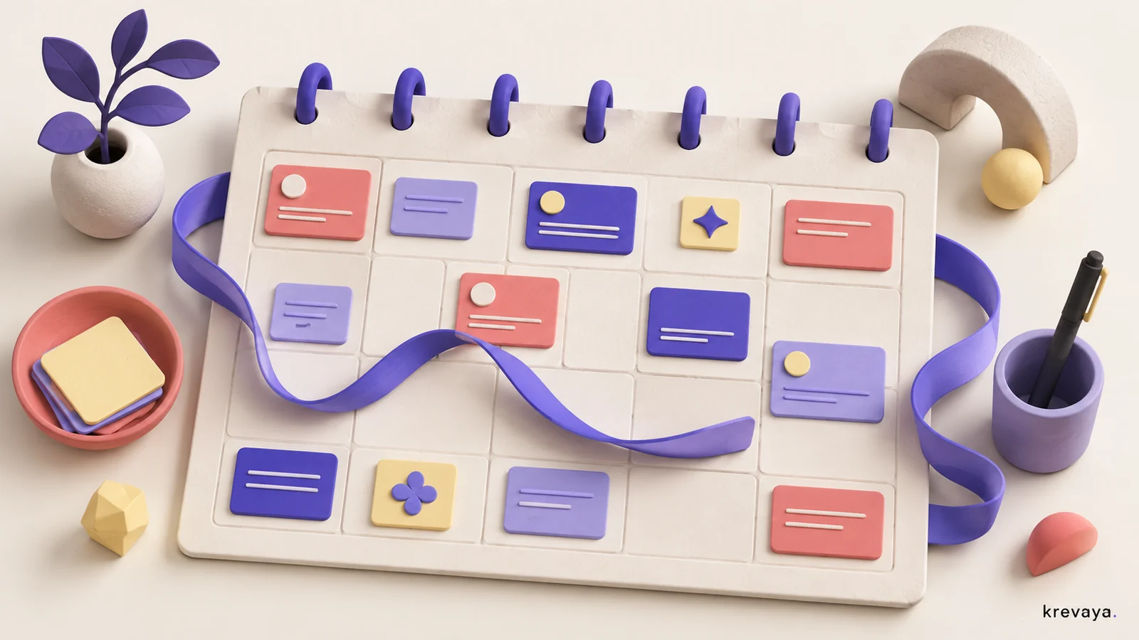 Krevaya illustration of a cream planning calendar with violet and coral content cards connected by a ribbon.
