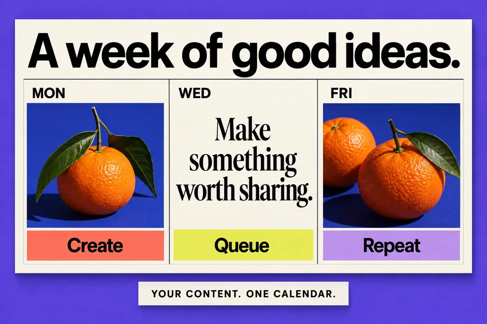 An illustrated weekly content plan: create on Monday, queue on Wednesday, repeat on Friday