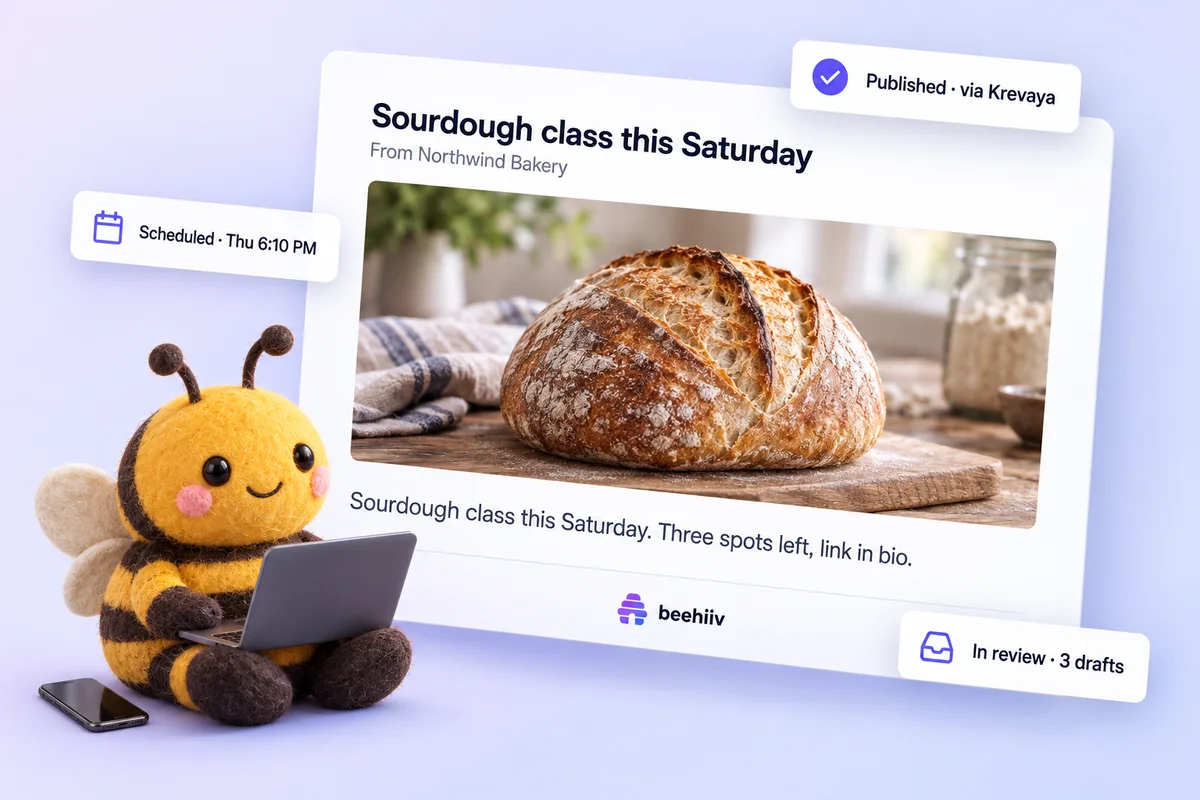 A Krevaya post published to your Beehiiv subscribers, with the review queue and schedule beside it