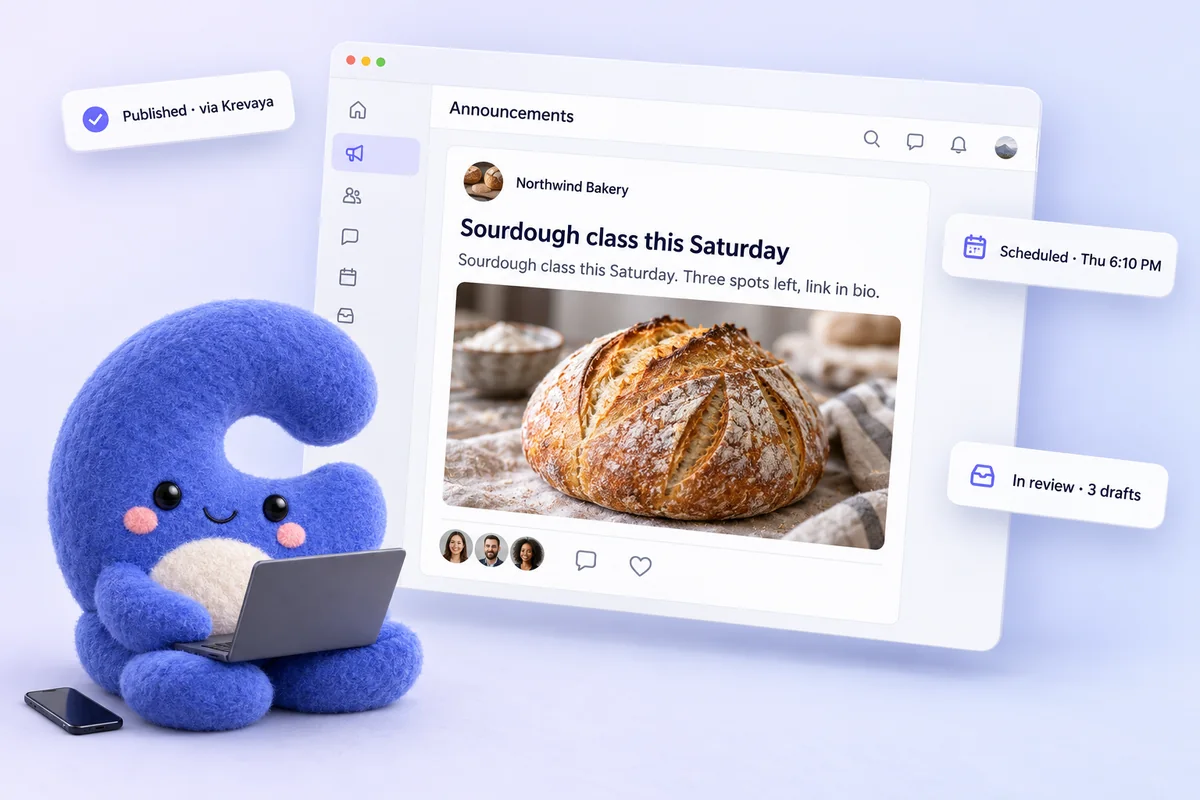 A Krevaya post published in your Circle community, with the review queue and schedule beside it