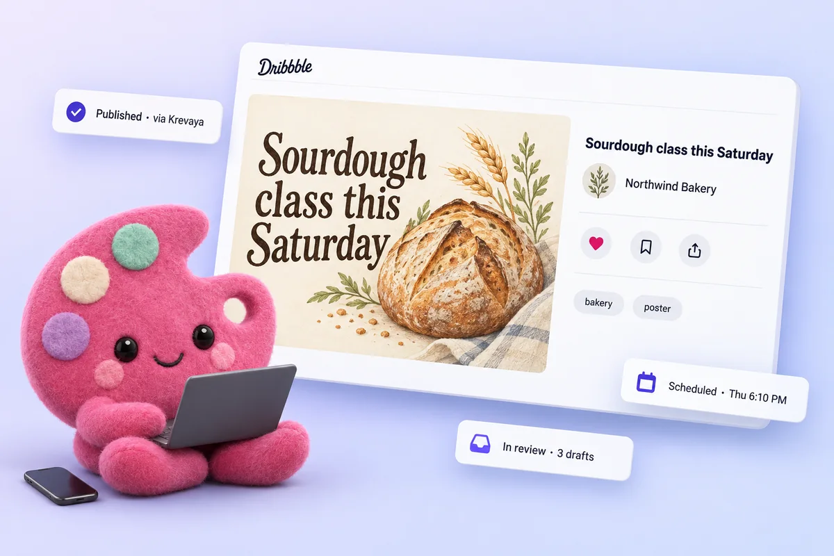 A Krevaya post published on Dribbble, with the review queue and schedule beside it