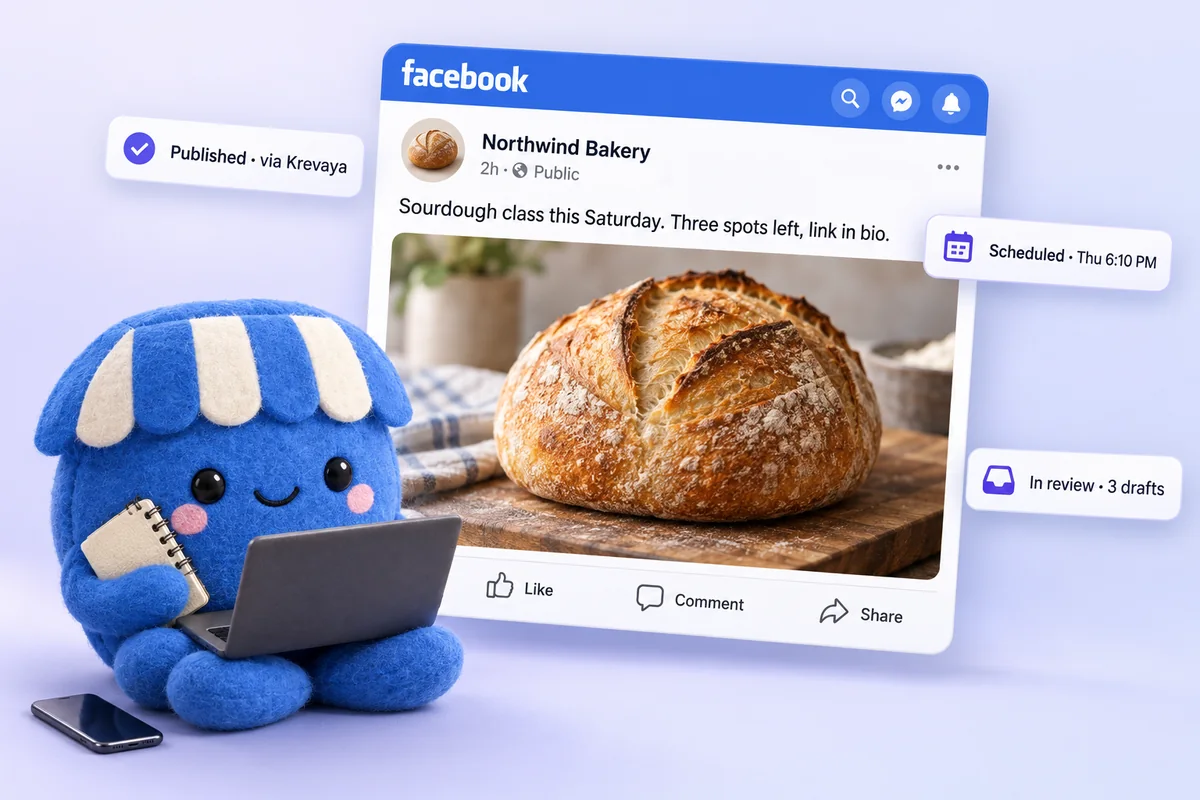 A Krevaya post published to your Facebook Page, with the review queue and schedule beside it
