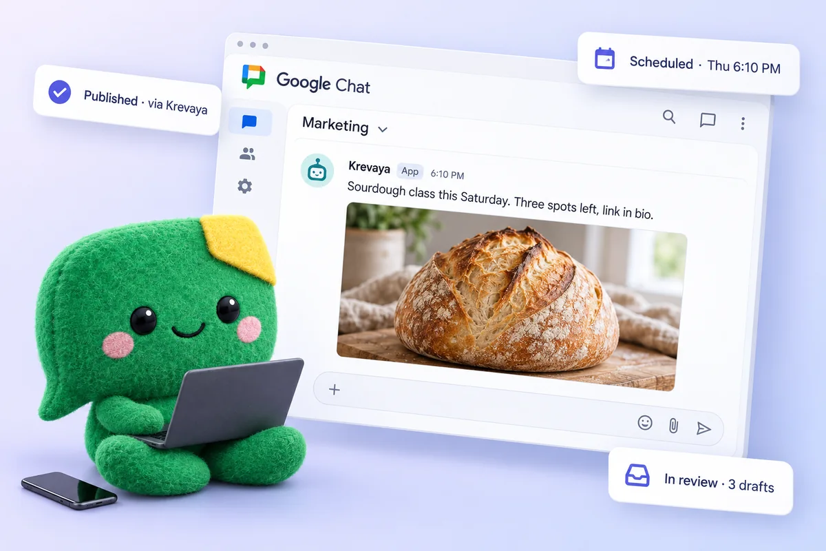 A Krevaya post published in your Google Chat space, with the review queue and schedule beside it