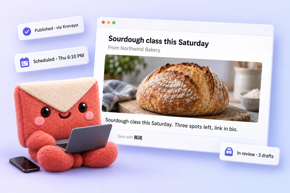 A Krevaya post published to your Kit subscribers, with the review queue and schedule beside it
