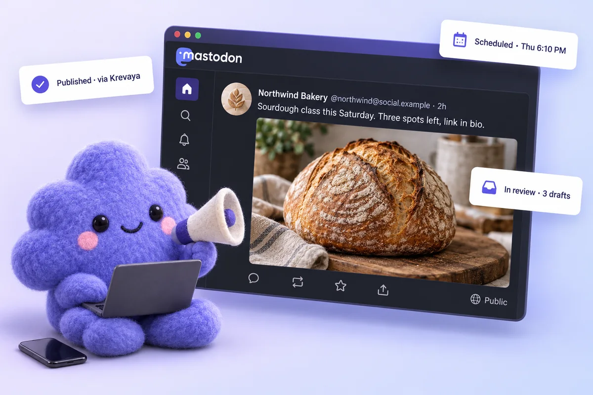 A Krevaya post published on your Mastodon server, with the review queue and schedule beside it