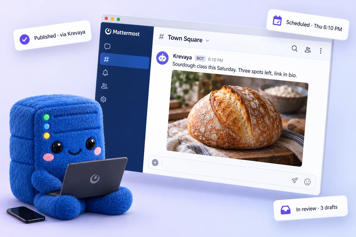 A Krevaya post published in your Mattermost channel, with the review queue and schedule beside it