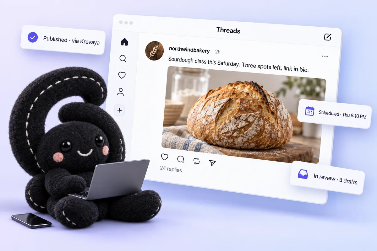 A Krevaya post published on Threads, with the review queue and schedule beside it