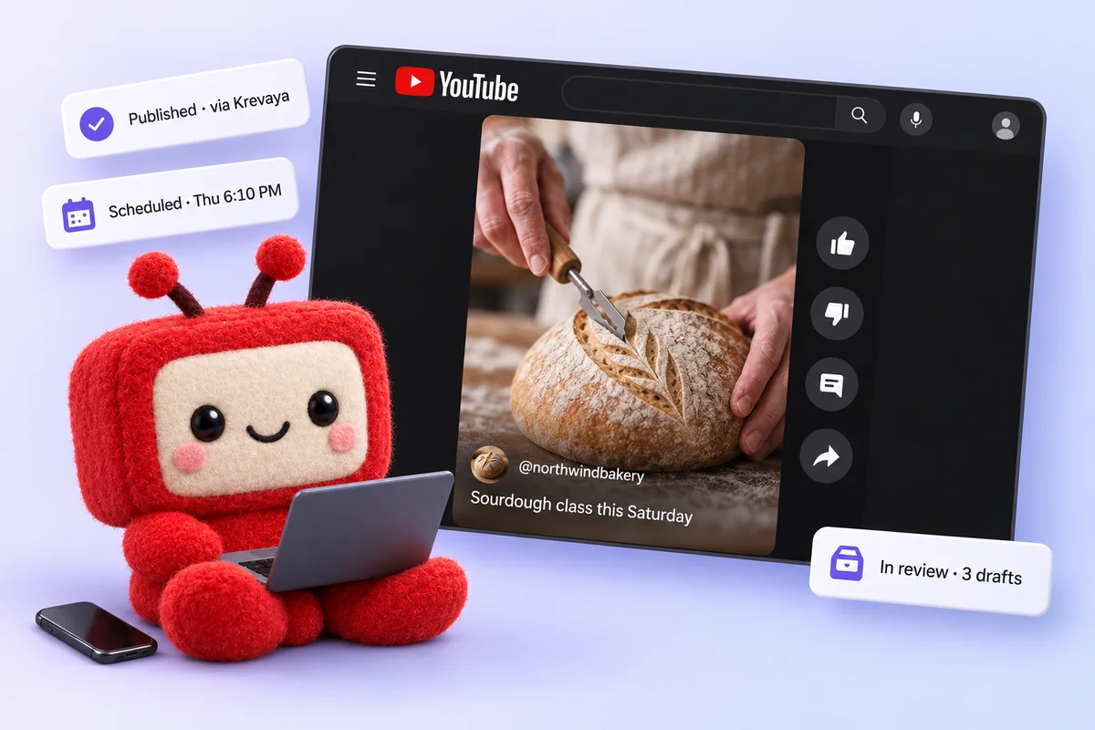 A Krevaya post published on your YouTube channel, with the review queue and schedule beside it