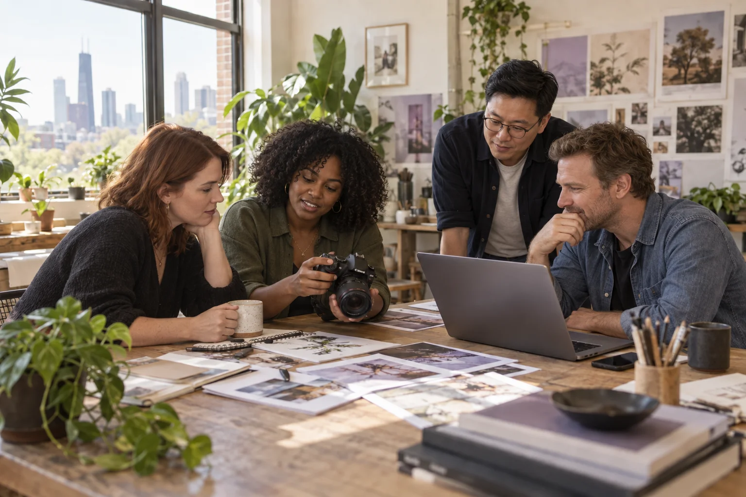 Four friends sharing ideas and reviewing a camera around a table in a sunlit Chicago studio