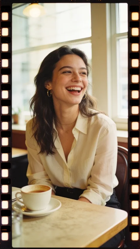 A woman with a coffee, framed by a photographic film border