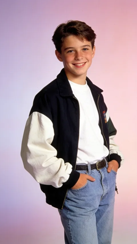 A boy in a varsity jacket against a pastel studio backdrop